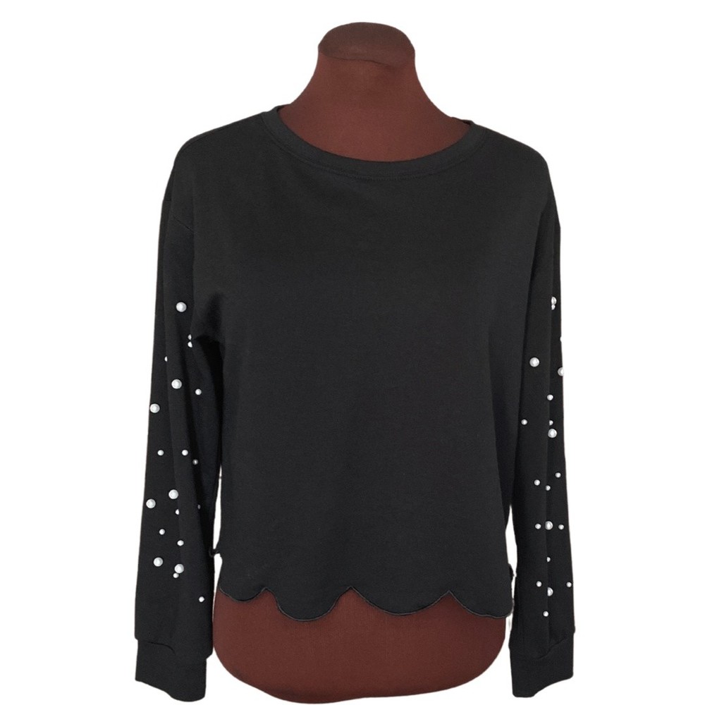 ROMWE Women's Pearl Embellished Long Sleeve Scalloped Hem Black Crop Top Size M